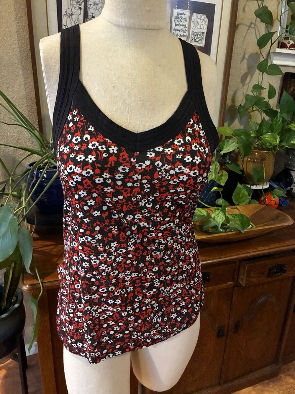 Vintage Wet Seal Floral Cotton Tank Top Red Black White Y2K 90s Whimsy Sz Large